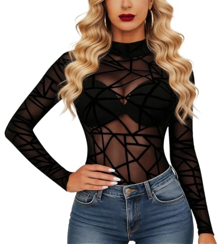 Capaneus Body Sexy Mujer, Camiseta Transparente Mujer, Elástico de Manga Body Elegante con Parte Superior de Malla, Blusa Sexy Mesh Tops, Casual Elastico Mono Bodysuit Mangas Largas, Negra Clubwear