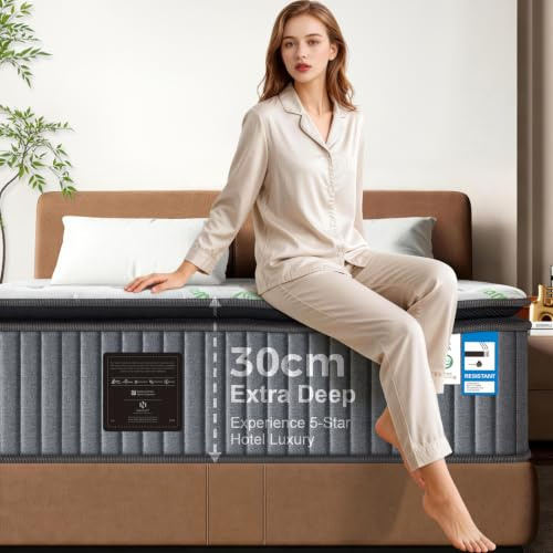 NineLan Luxe Pillow Top King Size Mattress 5FT, Orthopaedic Hybrid 7-Zone Pocket Sprung Mattress for Back Pain Relief, Cooling Gel Memory Foam, Breathable Bamboo Cover, Medium Firm, 30cm Deep