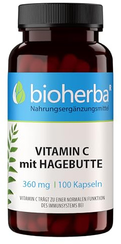 Vitamin C mit Hagebutte 360 mg – 100 Kapseln | Natürliche Quelle von Vitamin C & Pflanzenpulver (Rosa canina) von BIOHERBA