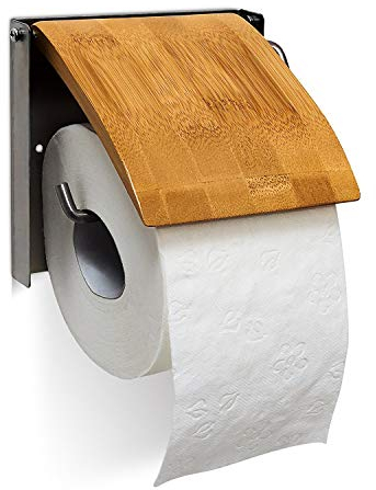 Relaxdays 10019179 Toilettenpapierhalter H x B x T: 13,5 x 14,5 x 13,5 cm WC-Rollenhalter für 1 Klopapierrolle zur Wandmontage aus Bambus und rostfreiem Edelstahl als Wandrollenhalter für das Badezimmer, natur