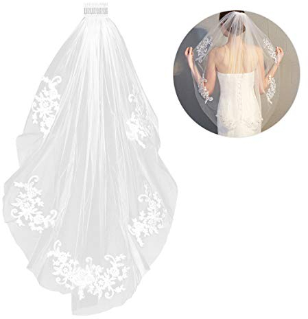 FRCOLOR Elegent kurze Brautschleier Spitze Appliques Kristall Perlen Hochzeit Schleier mit Kamm (Weiß)