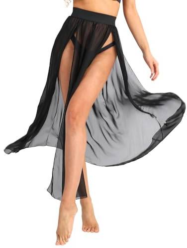 FEESHOW Strandkjol för kvinnor lång transparent strandklänningar bikini baddräkt täckande omlottduk med slits strandmode, svart, S
