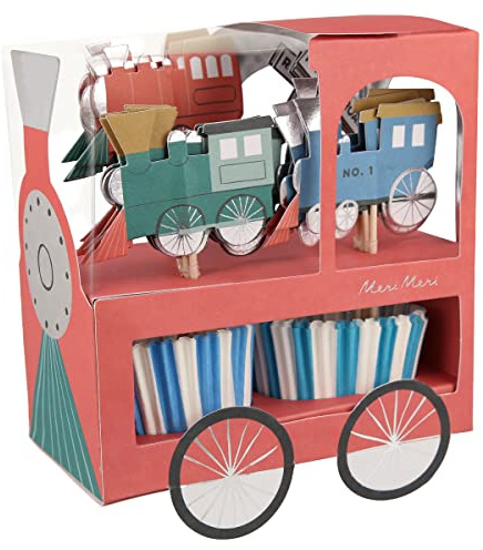 Meri Meri Train Cupcake Kit (Pack of 24), Disposable Train Cupcake Toppers & Matching Liners