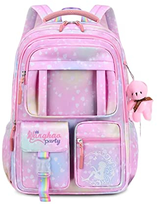 FANDARE Kinderrucksack Schulranzen Schultaschen Mädchen Schulrucksack Kinder Schultasche für 4-9 Klasse Schüler Outdoor Reise Daypacks Kindergartentasche Rucksack mit Plüschanhänger Rosa