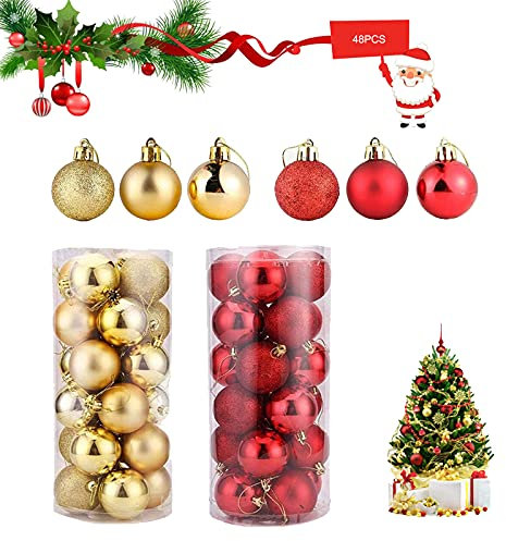 Weihnachtskugeln Weinachtskugelset Baumschmuck 48 Stück Kunststoff Weihnachtskugeln Ornamente Baumkugeln Wetterfeste 30mm Christbaumschmuck Set (Golden+Rot)