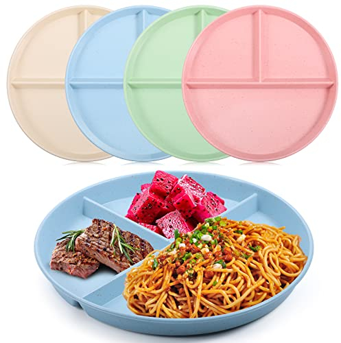 Lanjue 4Pcs Divided Dinner Plates, 9 inch Unbreakable Portion Control Divided Diet Plates Reusable Picnic Plates Microwave and Dishwasher Safe Dishes for Adult Children Kids (ukzy-26)