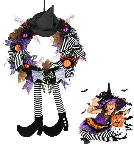 Timiyou Decoración de Corona de Halloween,Hallowee Guirnalda de Bruja, Pierna, Calabaza, Hoja de Arce,Corona De Halloween para Colgar En La Puerta Decoracion para Puerta de Casa, al Aire Libre