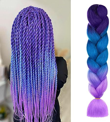 Aomig Rajout Cheveux Tresse, Jumbo Braids Meches, 65cm Extension de Cheveux de Fibre Synthétique pour Crochet Twist Tressage (Violet + Lac Bleu + Violet Clair)