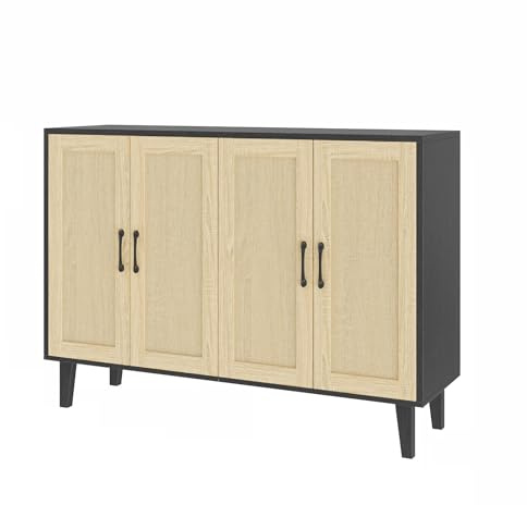 Panana Meuble de Rangement en Rotin et MDF, Buffets Haut Aspect avec 4 Portes sur Salon, Chambre, 127 x 38 x 83 cm (Noir et Bois), MEFRSB58