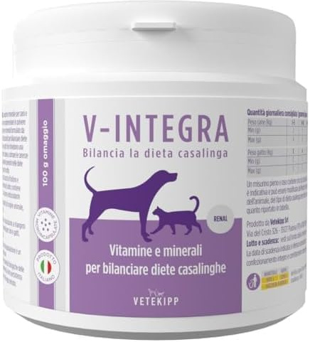 V-INTEGRA Renal 500g, Integratore Vitamine e Minerali per Bilanciare Diete Casalinghe di Cani e Gatti che Richiedono una Restrizione di Fosforo, Multivitaminico Cane e Gatto Made in Italy