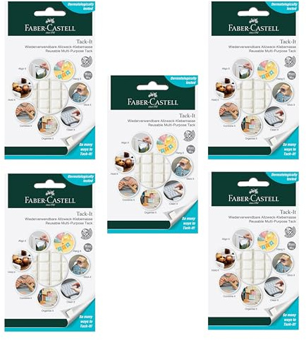 Faber-Castell 205214 – självhäftande massa Tack-It, 5 x 50 g, vita, återanvändbara självhäftande kuddar