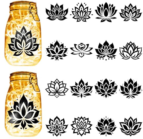 CREATCABIN 16Pcs July Lotus Flower Silhouettes Mason Jar Decor Laser Cut Cardboard Scrapbook Cutouts Die Cuts PVC for Crafting Lantern Jars Wall Painting Windows Glass Phones 3.9x3.5Inch-No Sticker