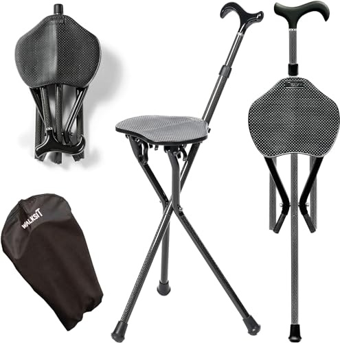 WALKSIT - Carbon Fiber Cane Chair, Adjustable Cane Height, Foldable, Compact, Portable, Strong, Durable, Travel Cane Seat, Includes Carry Case with Adjustable Shoulder Strap