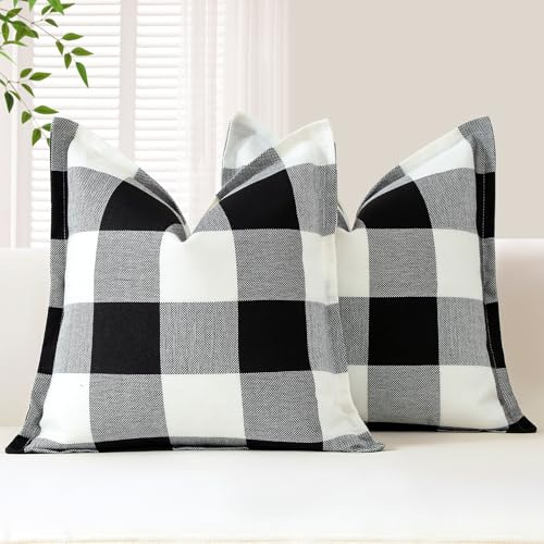 Sungeek Buffalo Check - Juego de 2 fundas de cojín cuadradas decorativas de lino a cuadros de 40 x 40 pulgadas, con borde cosido para sofá, cama, sala de estar, 16 x 16 pulgadas (blanco y negro)