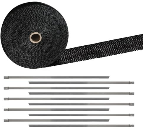 Zueyen Hitzeschutzband 5 muspuff, Hitzeschutzband 5 mus Glasfaser, Schwarz 5 muspuffband Mit 10 Kabelbinder Edelstahl, Für Motorrad Fächerkrümmer Thermoband (5 m)