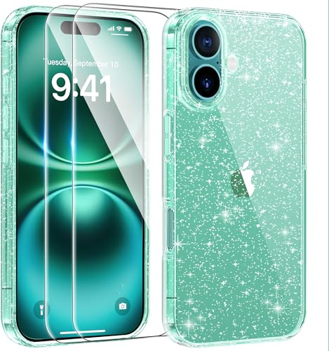 AROYI 3 in 1 Clear Glitter Case Compatible with iPhone 16 Case with 2 Tempered Glass Screen Protector, Soft Bumper Anti-Scratch Sparkle Bling Women Girls Phone Case for iPhone 16 6.1, Green