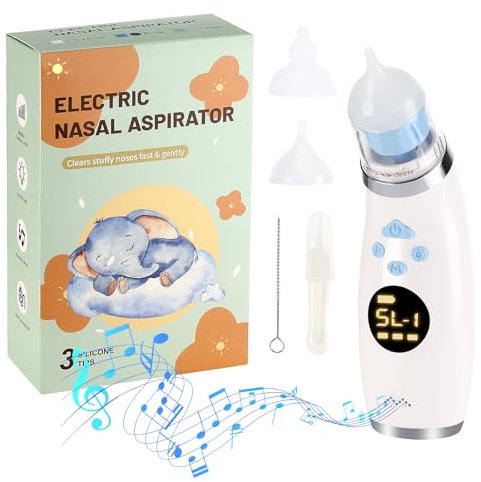 Luziyun Nasensauger Baby Elektrisch Nasensekretsauger mit 5 Saugstufen,3 Silikonspitzen, Musik & Licht, Beruhigende Musik, Nasenreiniger für Säuglinge & Kleinkinder