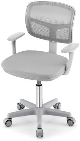 GYMAX Kids Desk Chair, Height Adjustable Children Swivel Chair with Armrests, Wheels & Removable Seat Cushion, Child Study Chairs for Girls Boys (Grey)