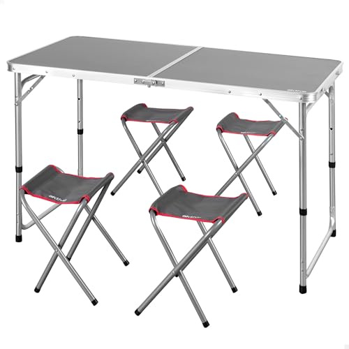 AKTIVE 63161 Tavolo pieghevole in alluminio con 4 sgabelli in acciaio, altezza regolabile 60-70 cm, superficie 120 x 60 cm, finitura grigia, design portatile con maniglia per campeggio, spiaggia e