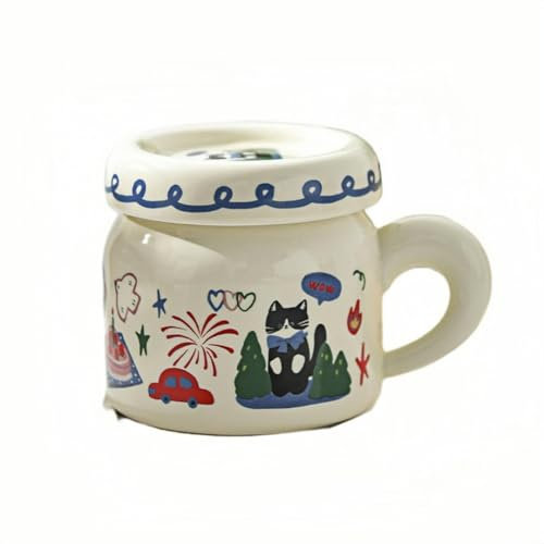 HUMOCHUSON Coffee Mugs 400Ml Milky White Ceramic Cat Mug Coffee Cup with Lid
