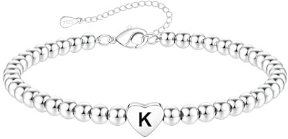 DORANA Sterling Silver Bracelet For Women Silver Initial Heart Bracelet Non Tarnish 925 Beaded Bracelets For Women Girls Hypoallergenic Friendship Daughter Bracelets,K