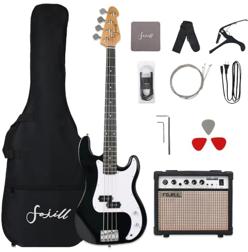 Fojill Full Size 4 Four String Electric Bass Guitar 20W Amplifier Amp Right Hand Beginner Starter Kit Set Combo Bundle Accessory Gig Bag,Strap,Picks,Capo,Noiselss Cable,Strings (Black)