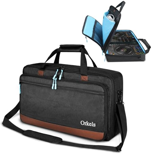 SUNDOY Bolsa de Transporte para DJ Compatible con Pioneer/Numark/Hercules, Estuche de Transporte a Prueba de Golpes con Correa para el Hombro y Compartimentos para Accesorios, Negro, 55x32x12-CM