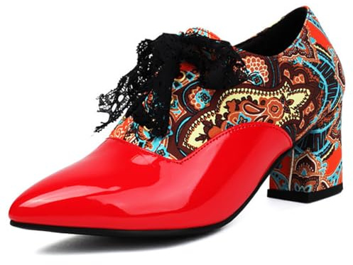 MiaZane Zapatos de Tacón Oxford Vintage Mujer Cuero Patentado y Tela Cordones Tacón Alto Bloque Punta Afilada Zapatos de Vestir para Oficina y Ropa Casual,Rojo,39 EU