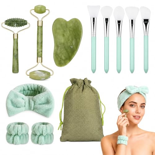 Juego de 12 Piezas para Cuidado Facial, Rodillo de Jade, Herramienta de Guasha, 5 Pinceles de Mascarilla, 2 Pulseras