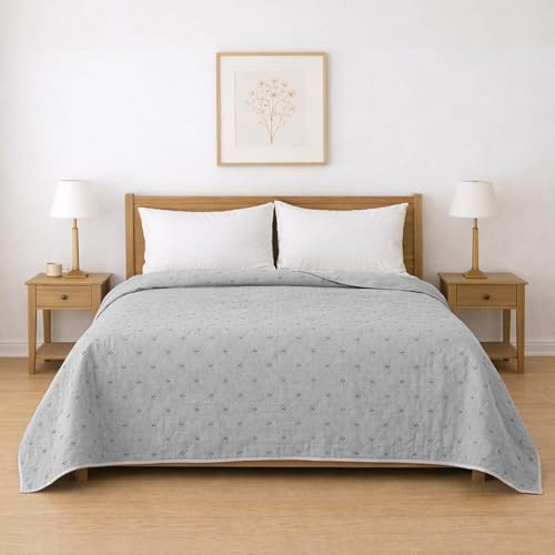 BESCH Colcha Boutis para Primavera y Verano Reversible Color Gris Claro y Muy Fina Ligera 240 x 250 cm - Colcha Ligera Fina Entretiempo para Cama 135-150