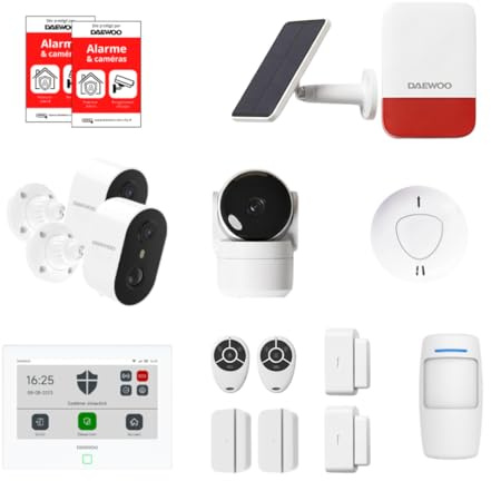 Uppkopplat hemlarm utan prenumeration - Daewoo Security Smart Protect Safety Essential med HD-kameror, solsiren, rökdetektor och 4 dörrkontakter - Alexa och Google Home kompatibel