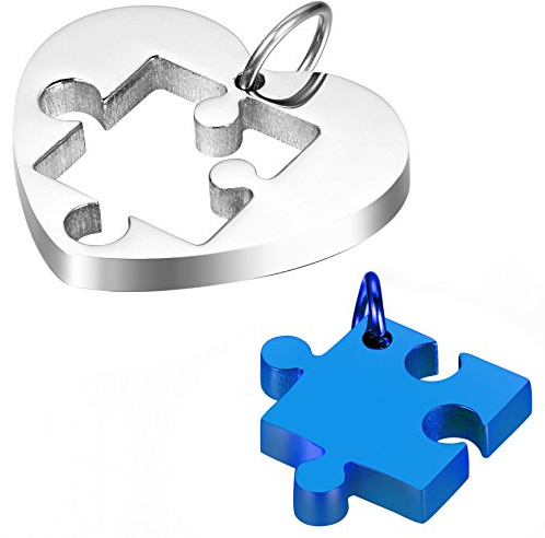 JewelryWe 2pcs Mens Womens Couples Stainless Steel Heart Puzzle Pendant Love Necklace Set, 18 and 22 inch Chain, Blue Silver