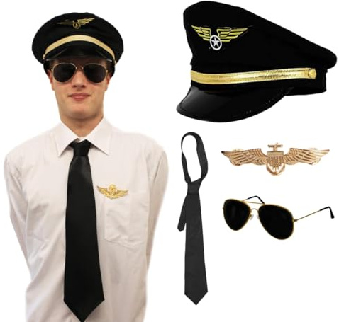Pilot Aviator Costume Set with Hat, Tie, Sunglasses & Gold Badge – Airline Captain Fancy Dress Outfit Kit for Adults – Flight Uniform Accessory Pack