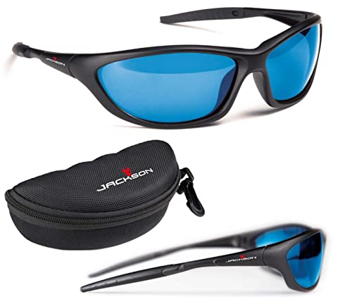 Jackson Polbrille Anglerbrille. Polarisationsbrille Angeln in Profiqualität. Gläserfarbe Blue Mirror. Professionelle Ausführung für Tiefe Einblicke in Gewässer. Lieferung mit Hartschalen-Etui