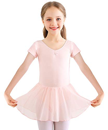 Bezioner Ballet Dress Ballet Leotards with Skirt,Dance Tutu Short Sleeve Skirted for Toddler Girls Kids,Pink Ballet Leotards for Girls Size 6-7Years
