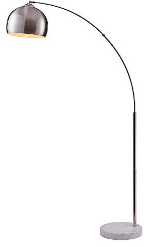 Teamson Home Arquer 68.1 Arc Floor Lamp for Living Rooms, Home Offices, Dining Rooms, Bedrooms with Faux White Marble Base and Nickel Bell Shade