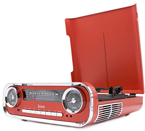 Lauson 01TT17 Platine Vinyle Bluettoth Vintage Haut-Parleurs Stéréo Intégrés | Tourne Disque Vinyle Bluetooth | Radio FM | USB AUX et Encoding | Lecteur Vinyles 3 Vitesses 33, 45, 78 RPM (Rouge)