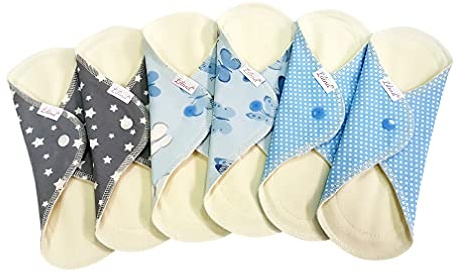 Lilind® 6 Pack 24cm. Everyday Pantyliners, Organic Cloth Pads, Reusable Menstrual Sanitary Napkins, 100% Cotton, Mix Blue