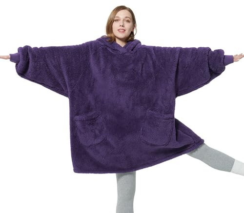 Bedsure Wearable Blanket Hoodie Women - Fluffy Fleece Hoodie Blanket for Men, Warm & Cozy Gifts for Women Men Her Mum, Purple, L