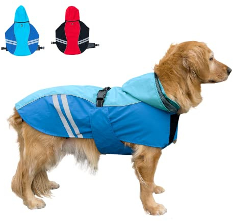Cosibell Dog Raincoat for Medium Large Extra Large Dogs, Waterproof Rain Jacket with Reflective Strap, Lightweight Hoodies Full-Body Coverage Dry Clothes (L, Blue)