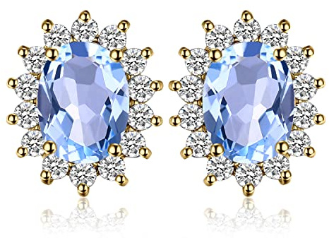 JewelryPalace Princess Diana Kate Middleton Class Gemstone Birthstone Blue Topaz Stud Earrings for Women, 14k Yellow Gold Plated 925 Sterling Silver Earrings for Women, Earings Set