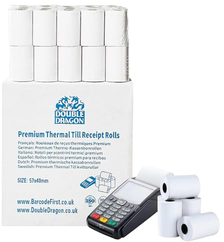 Double Dragon, Rotolo di ricevuta termica premium da 57 x 40 mm per macchina per carte di credito PDQ, POS, EPOS, registratore di cassa [Confezione da 200]