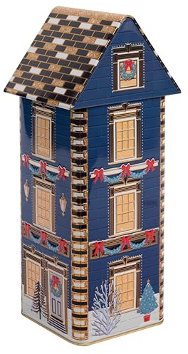 POWERHAUS24 Scatola di latta New York Christmas House, decorazione natalizia o per biscotti e pan di zenzero, per alimenti, 9,5 cm x 9,5 cm x 27,5 cm, edizione natalizia con 2 ricette