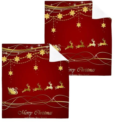 ISAOA Waschlappen Handtuch für Badezimmer, Spa, Hotel, Fitnessstudio, rot, Weihnachten, Weihnachtsmann, Hirsch, Schlitten, Baumwolle, Gästehandtücher, Waschlappen, saugfähig, schnell trocknend, 2