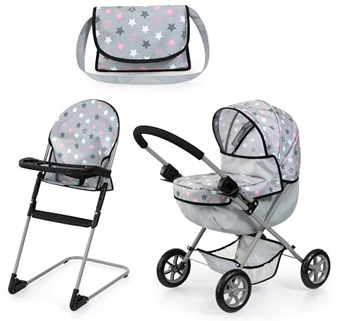 Bayer Design 13707AB Dolls pram, doll stroller, carriage pram, foldable, with highchair, bag, Grey