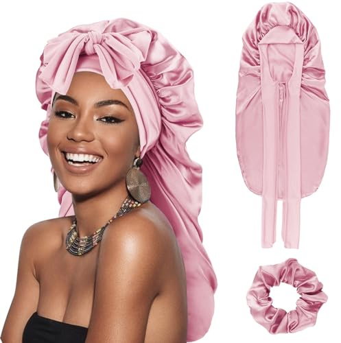 DRESHOW Bonnet Long en Satin Tressé pour Femme - Bonnet de Sommeil en Soie avec Bande Élastique pour Cheveux Longs, Bouclés et Locs