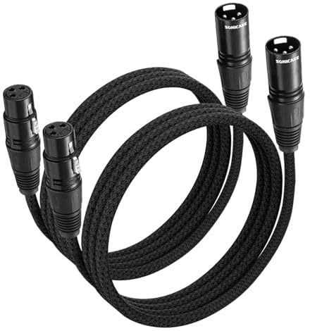 SONICAKE XLR mikrofonkabel 2M 2-pack hane till hona 3-stifts nylon flätad XLR-kabel svart