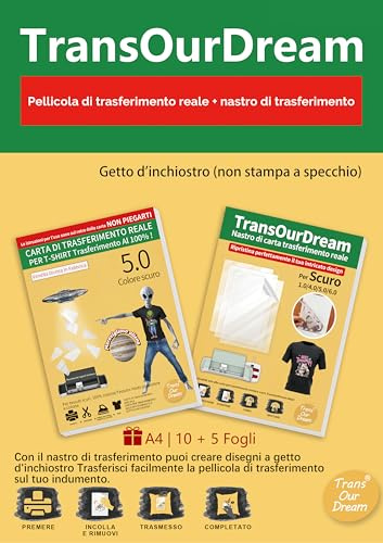 Transferpaper Surio 5.0+Transfertape A4(10+5 Fogli), Carta per trasferimento a Getto d'inchiostro Reale,Carta termoadesiva per Tessuti Scuri,Carta per Magliette a Colore