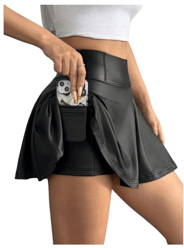 GORGLITTER Damen Skort A Linie Rock Elastischer Bund Minirock PU Leder Clubröcke Kurze Röcke mit Rüschensaum Schwarz S