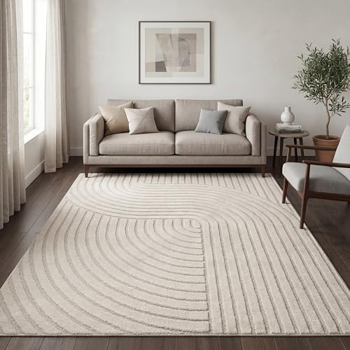 Paco Home Tappeto da soggiorno moderno a pelo corto stile scandinavo Japandi Panglao Monocolore Effetto alto-basso Motivo astratto Effetto 3D Vello morbido Crema, Dimensione:120x160 cm